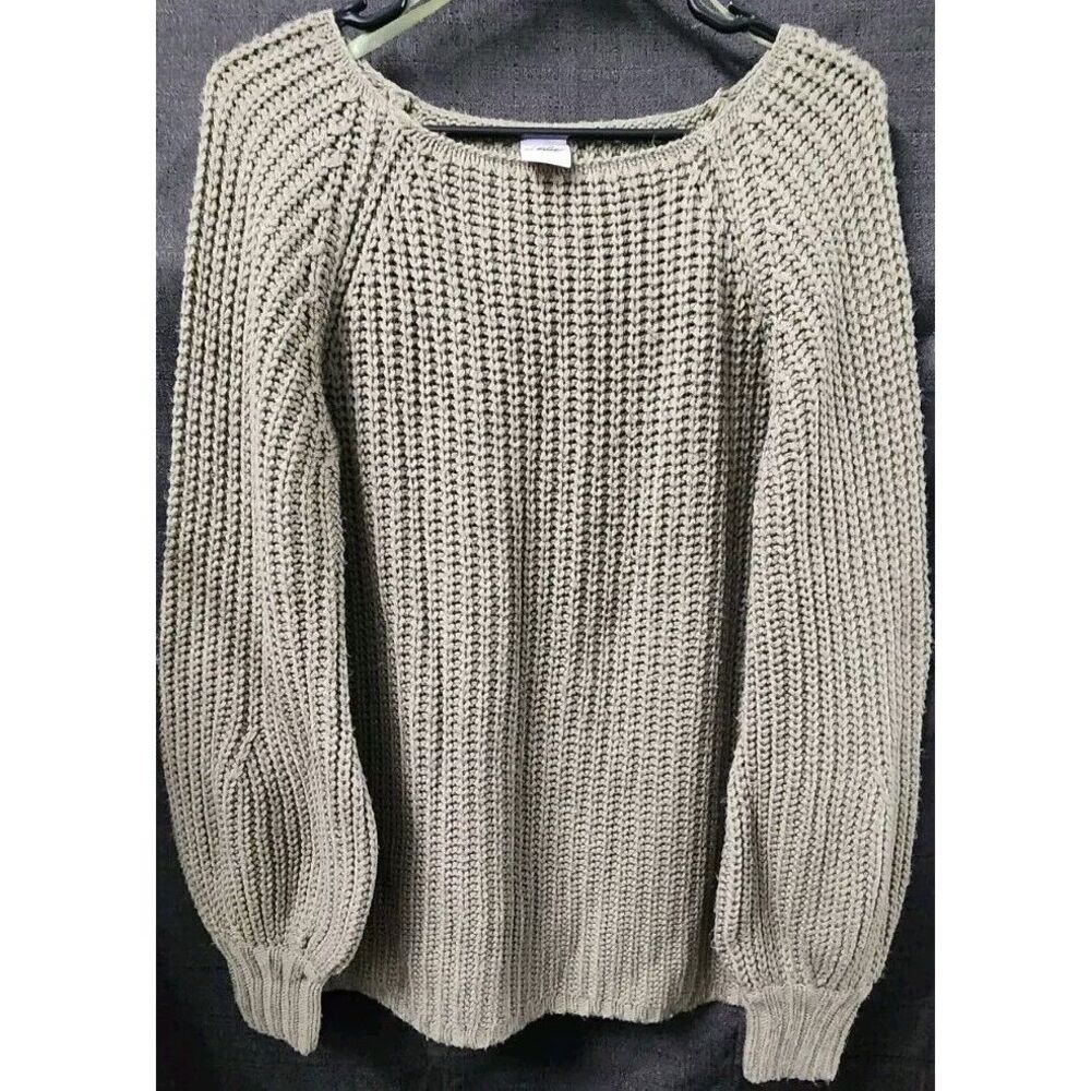 Selfie Leslie Sweater‎ Olive Green Sz M Balloon Sleeves Loose Off Shoulder Knit